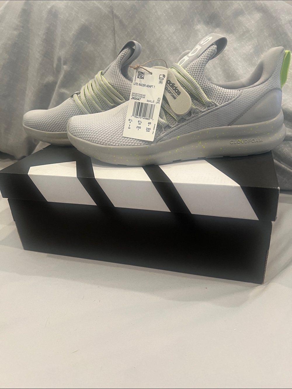 adidas Men’s Light Gray Slip-On Sneakers with Lime Accents